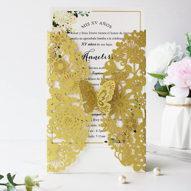 Hosmsua 20PCS Gold Wedding Invitation Cards with Butterfly and Envelopes 5.12 x 7.3 Inch Laser Cut Lace Flora Invitation for Wedding Engagement Quinceanera Party (Gold Glitter) - Image 2